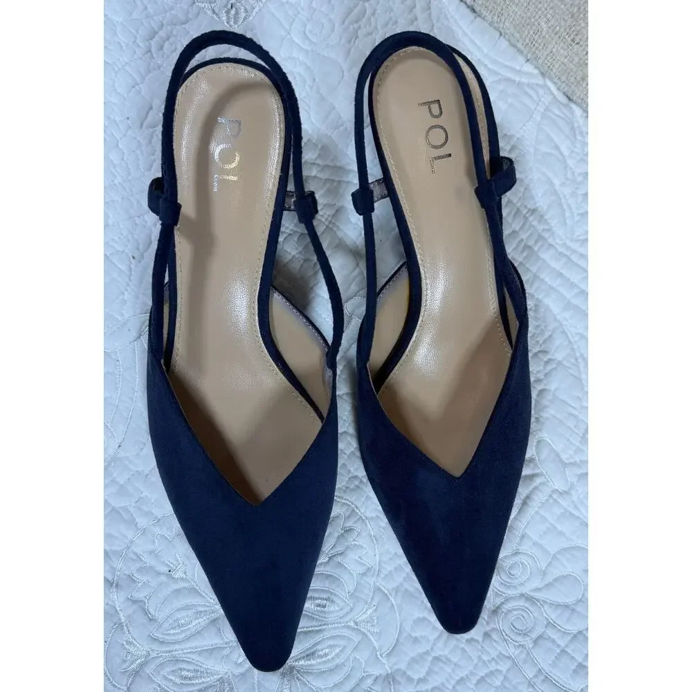 POL Women Blue 8.5 Suede Kitten Heel Slip On Dress Shoes Classic Comfort Pumps